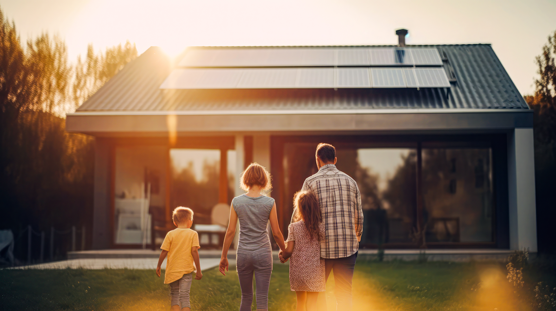 Familie, die auf ihr Zuhause zuläuft