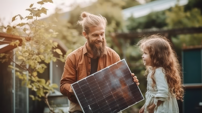 Vater zeigt Kind ein Solar Paneel