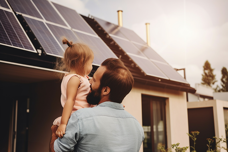 Mann mit Kind auf dem Arm vor einem Haus mit Solar Paneelen